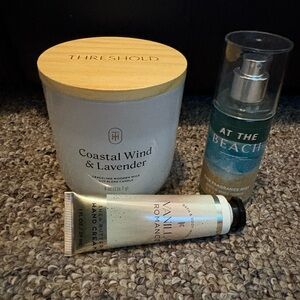 Coastal Wind & Lavender Candle and Bath and Body Works Body Mist and Hand Cream